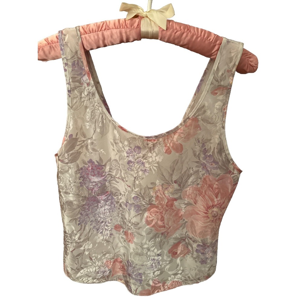 Lucie Ann II Vintage Floral Satin Tank Top Cream Pink Purple Made in USA 7269 34